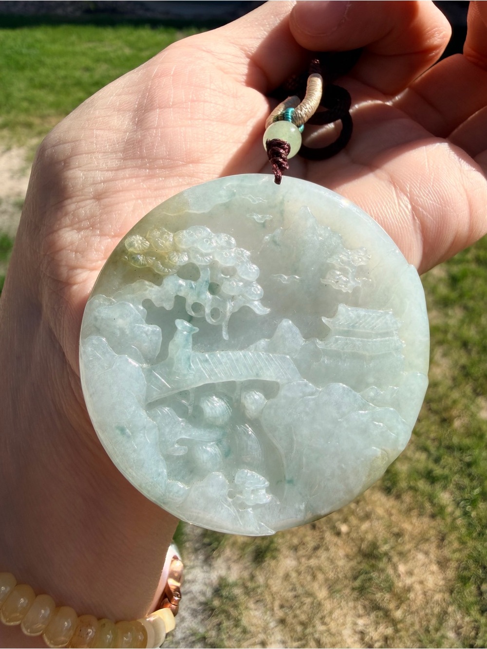 Hand-Carved Pale Natural Burmese A-Jadeite Jade Icy Landscape Pendant-Large size